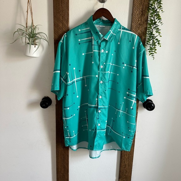 Teal Geometric Men's Button Down Short Sleeve Beach Summer Shirt - Picture 1 of 11